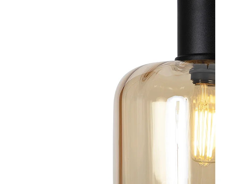 Lampe à suspension design noir avec verre ambré 3 lumières 226 cm - Qara