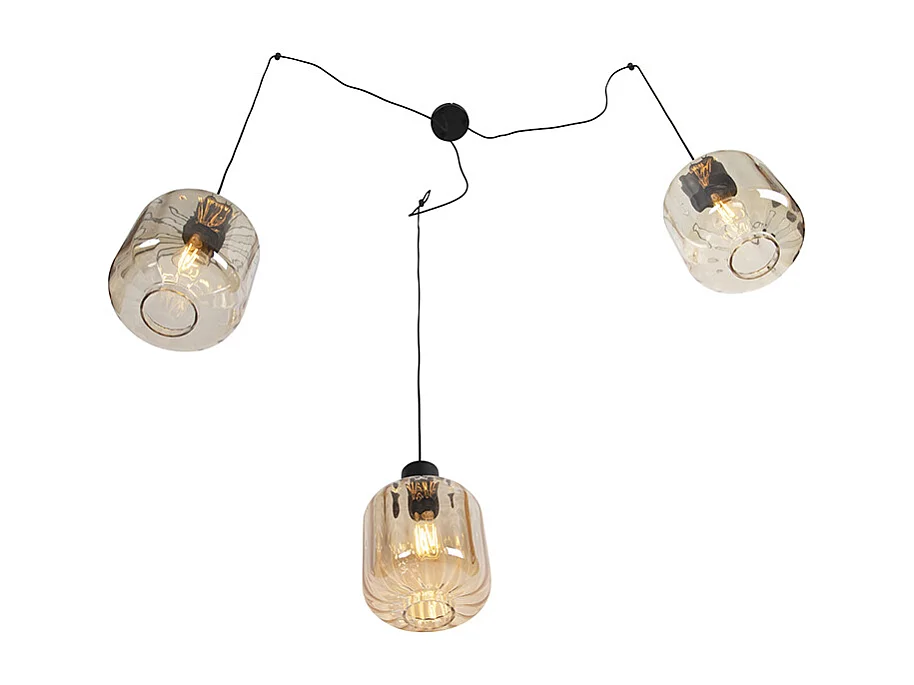Lampe à suspension design noir avec verre ambré 3 lumières 226 cm - Qara