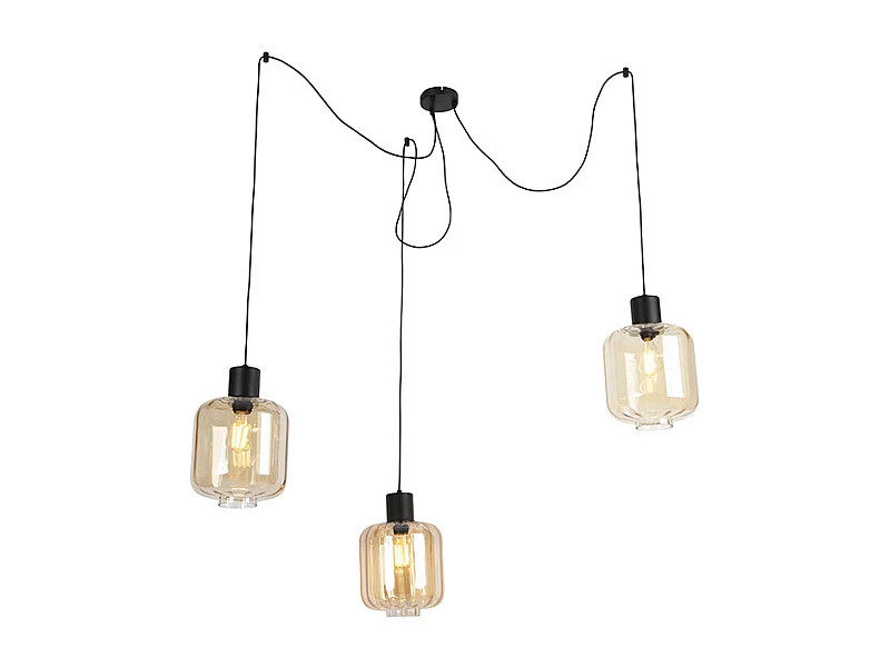 Suspension design noire avec verre ambré 3 lumières 226 cm - Qara