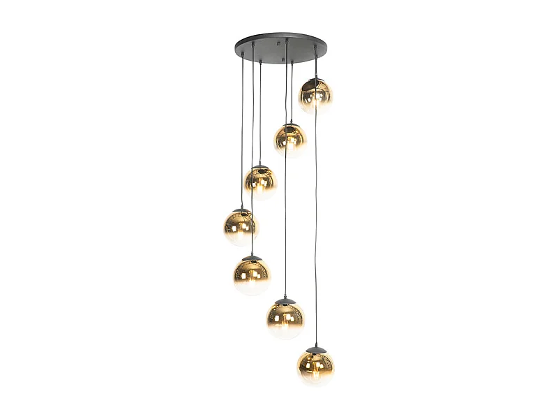 Suspension Art Déco noire avec verre doré 7 lumières - Pallon