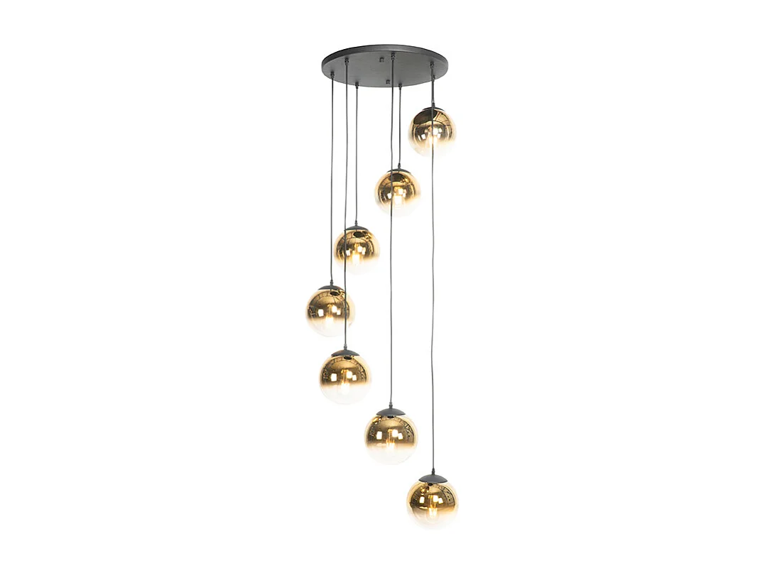 Suspension Art Déco noire avec verre doré 7 lumières - Pallon