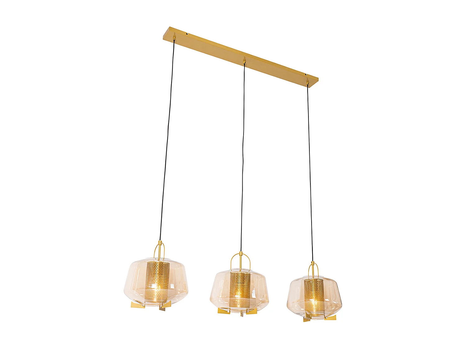 Suspension or avec verre ambré 30 cm oblong 3 lumières - Kevin