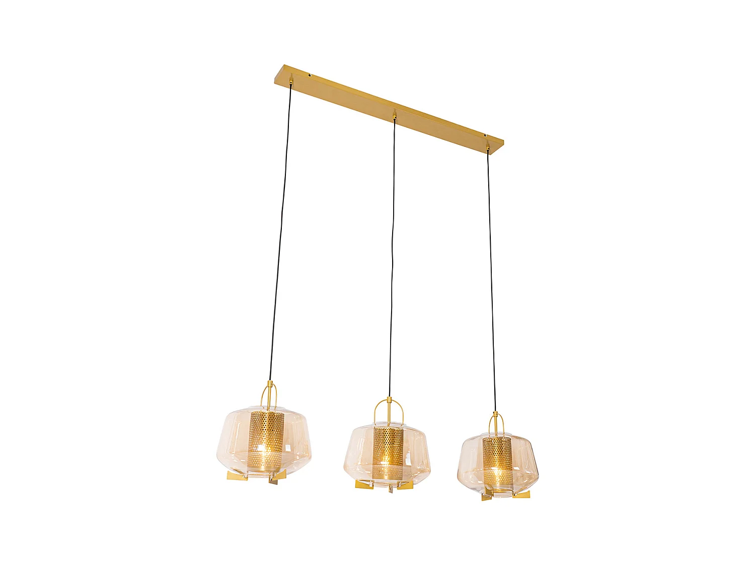 Suspension or avec verre ambré 30 cm oblong 3 lumières - Kevin