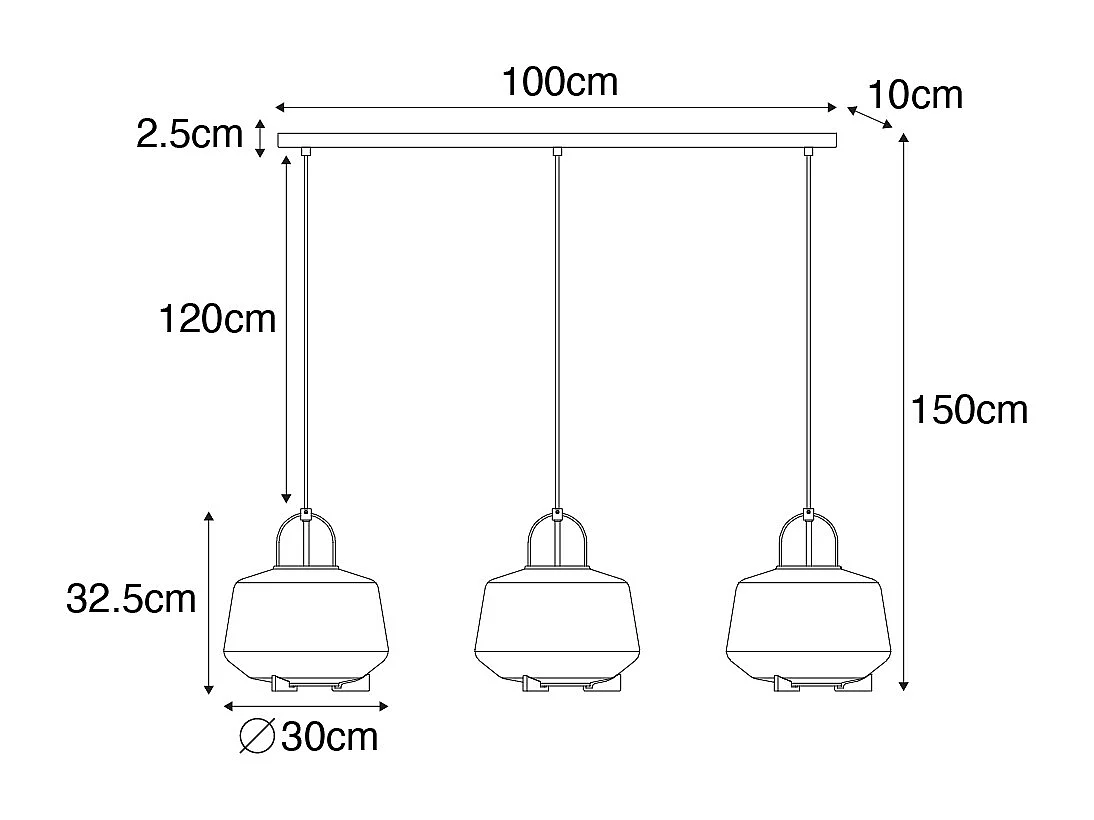 Suspension dorée avec verre ambre 30 cm oblongue 3 lumières - Kevin