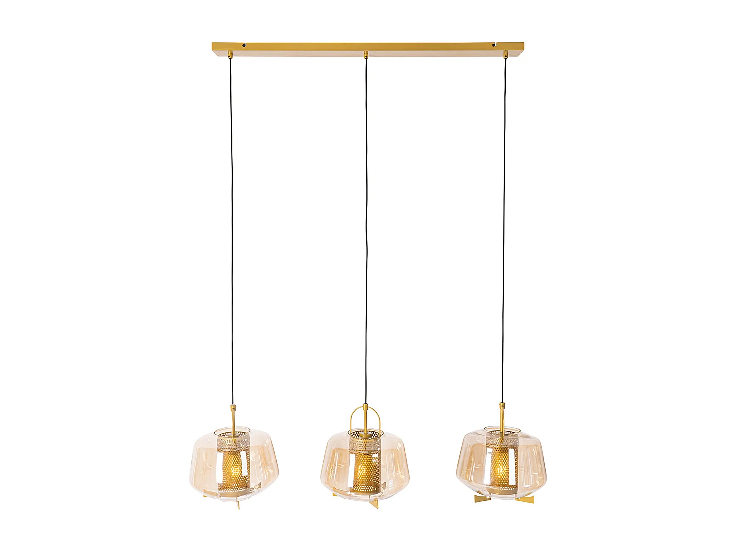 Suspension dorée avec verre ambre 30 cm oblongue 3 lumières - Kevin
