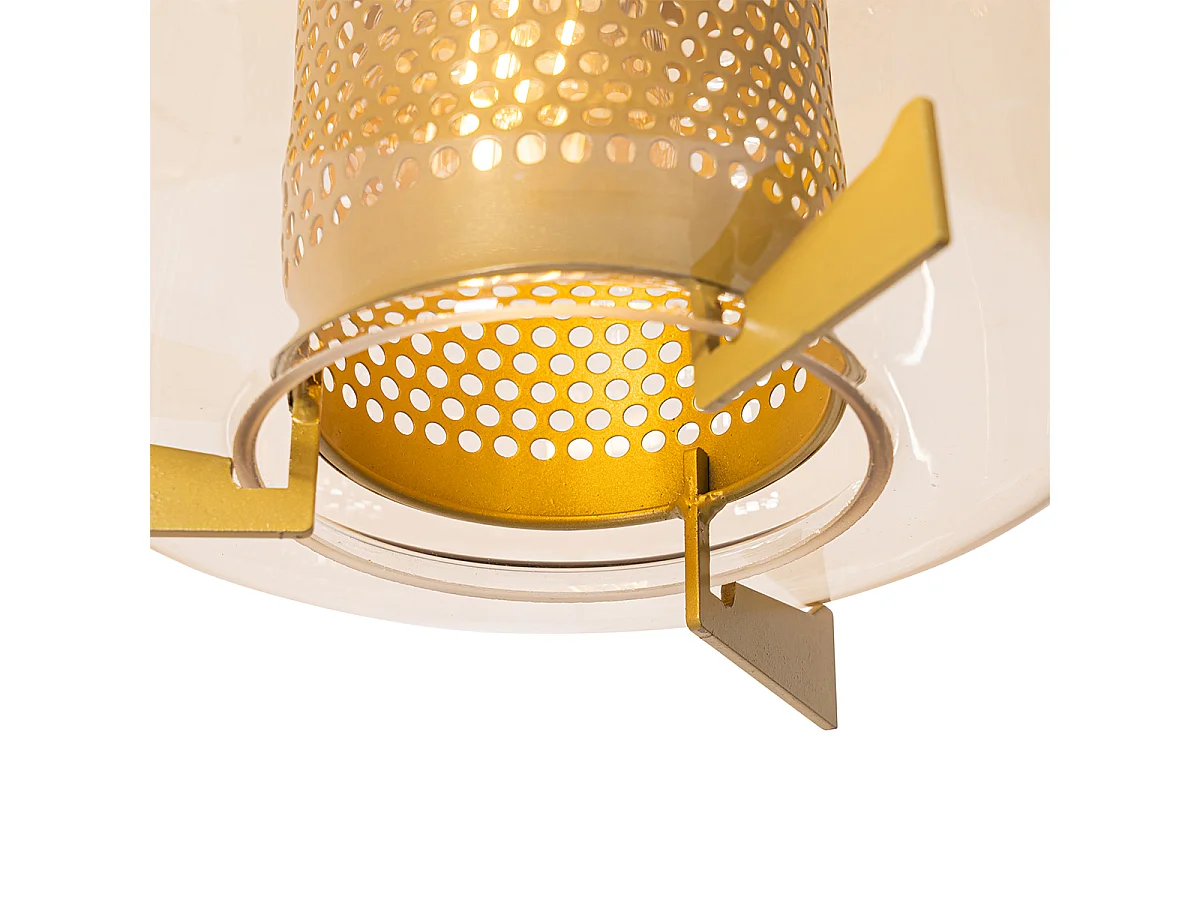 Suspension dorée avec verre ambre 30 cm oblongue 3 lumières - Kevin