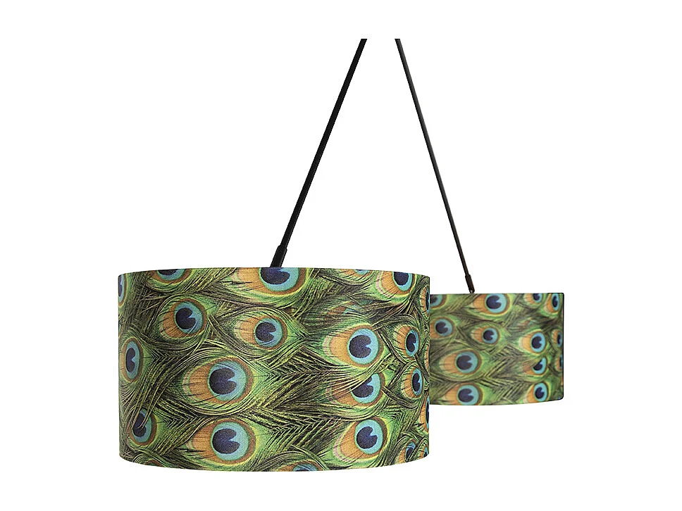 Suspension noire avec abat-jour en velours paon avec or 35 cm 2 lumières - Blitz