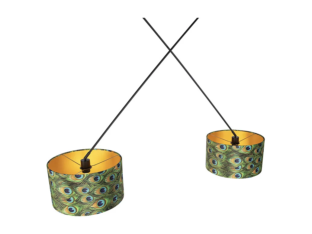 Suspension noire avec abat-jour en velours paon avec or 35 cm 2 lumières - Blitz