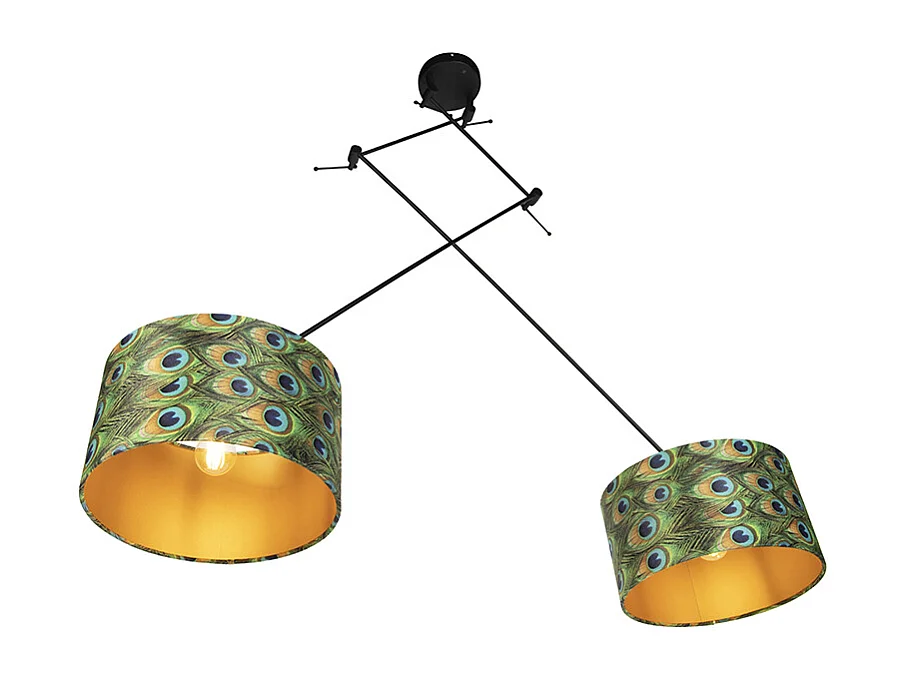 Suspension noire avec abat-jour en velours paon avec or 35 cm 2 lumières - Blitz