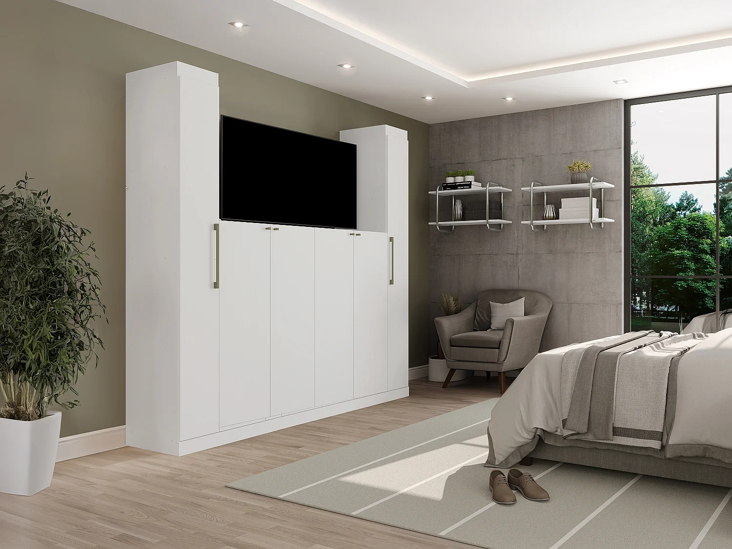 Pont de lit - 6 portes - Avec armoires et rangements - L206 cm - Blanc - ANTERO