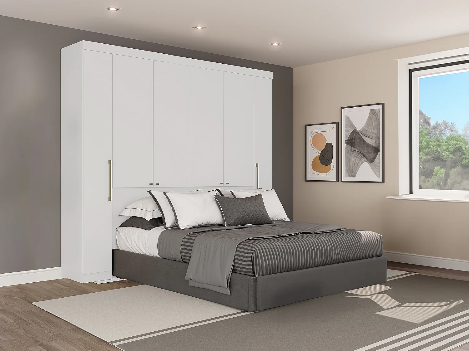 Pont de lit - 6 portes - Avec armoires et rangements - L206 cm - Blanc - ANTERO