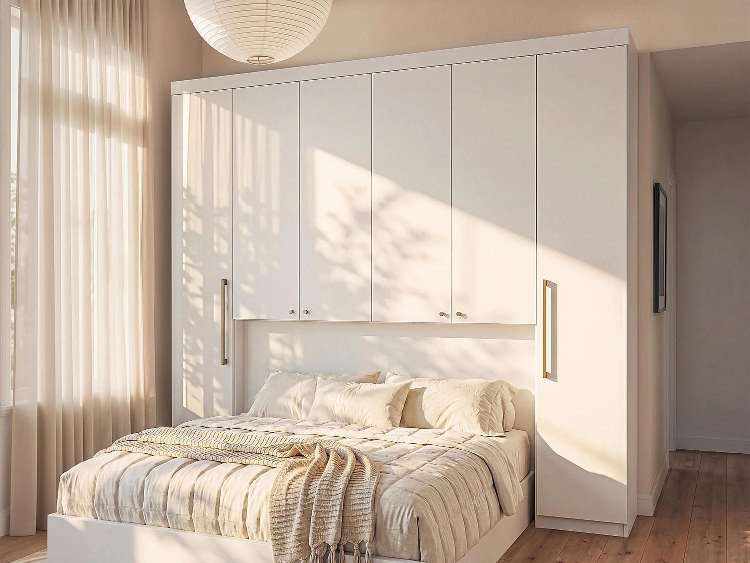 Pont de lit - 6 portes - Avec armoires et rangements - L216,5 cm - Blanc - ANTERO