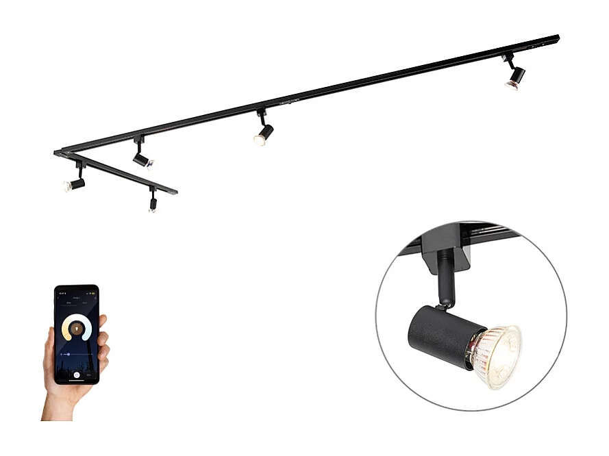 Système de rails d'éclairage intelligent noir 1 phase 5 lumières avec Wifi GU10 - Iconic Jeany