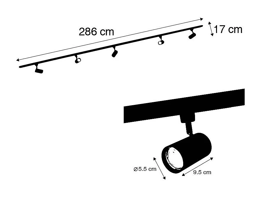 Système sur rail moderne noir avec 5 spots monophasé - Jeana