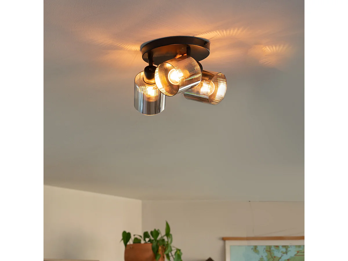 Spot de plafond noir avec verre fumé rond 3 lumières orientable - Laura