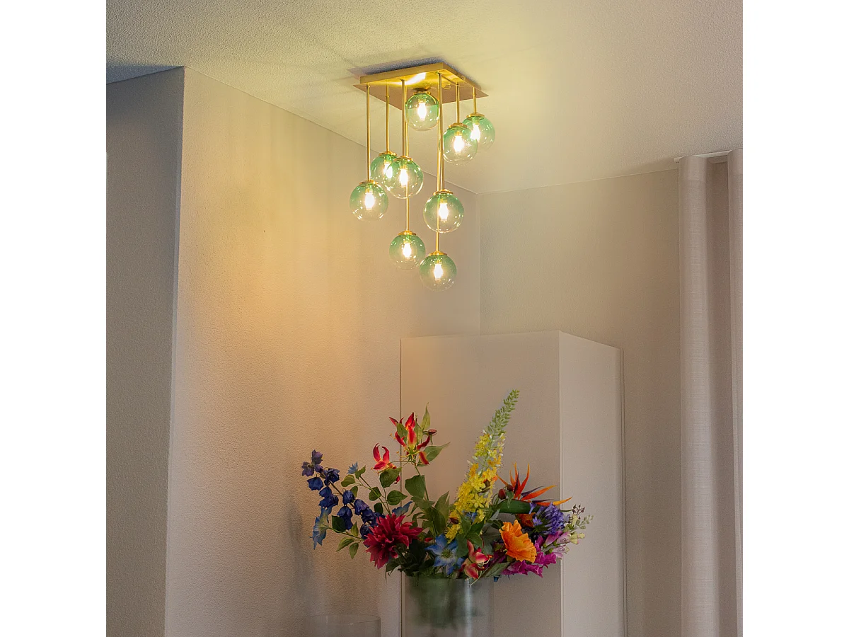 Plafonnier Art Déco or avec verre vert 9 lumières - Athènes