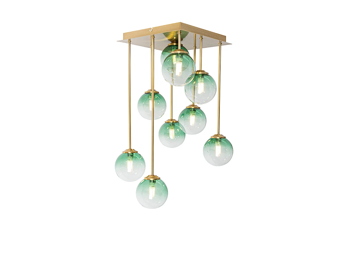 Plafonnier Art déco doré avec verre vert 9 lumières - Athènes