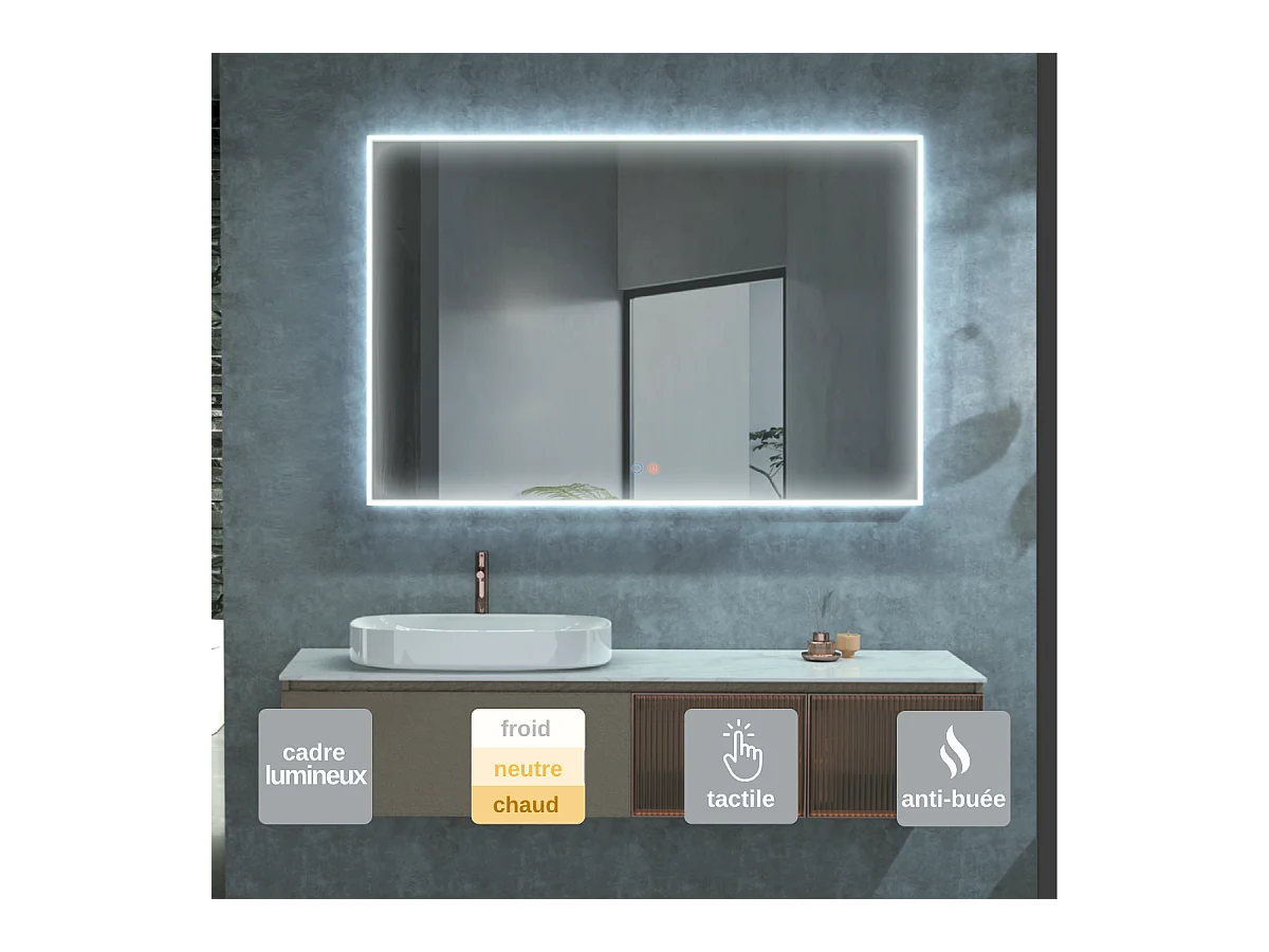 Miroir Salle de Bains Lumineux BOSTON Anti-Buée et Éclairage Périmétral Triled Tactile On/Off 80x80cm LEDIMEX by SANIZÉO