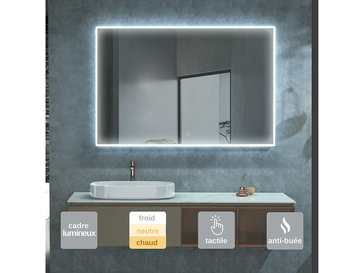Miroir Salle de Bains Lumineux BOSTON Anti-Buée et Éclairage Périmétral Triled Tactile On/Off 80x80cm LEDIMEX by SANIZÉO