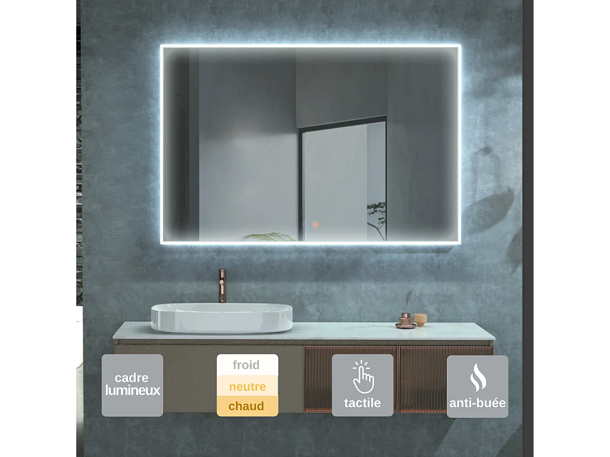 Miroir Salle de Bains Lumineux BOSTON Anti-Buée et Éclairage Périmétral Triled Tactile On/Off 80x80cm LEDIMEX by SANIZÉO