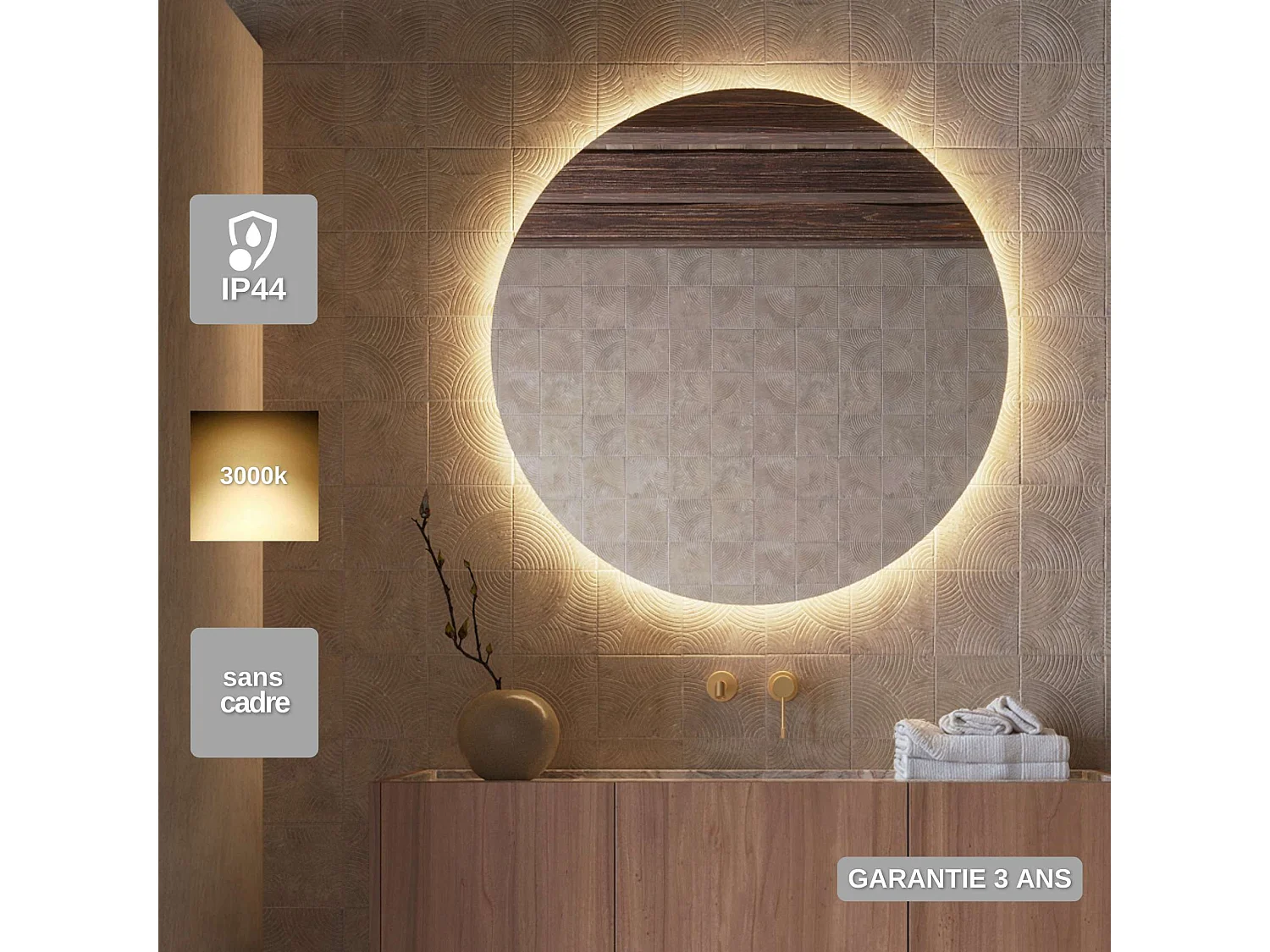 Miroir Salle de Bain OPORTO - Ø80 - Led Rétro-Éclairé (3000K) - Verre Sécurité 5mm - LEDIMEX