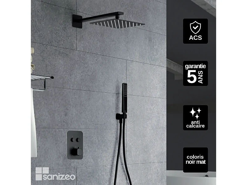 Colonne de Douche Encastrée avec Mitigeur Thermostatique noir mat anti-calcaire - Design Moderne - MADEIRA IMEX