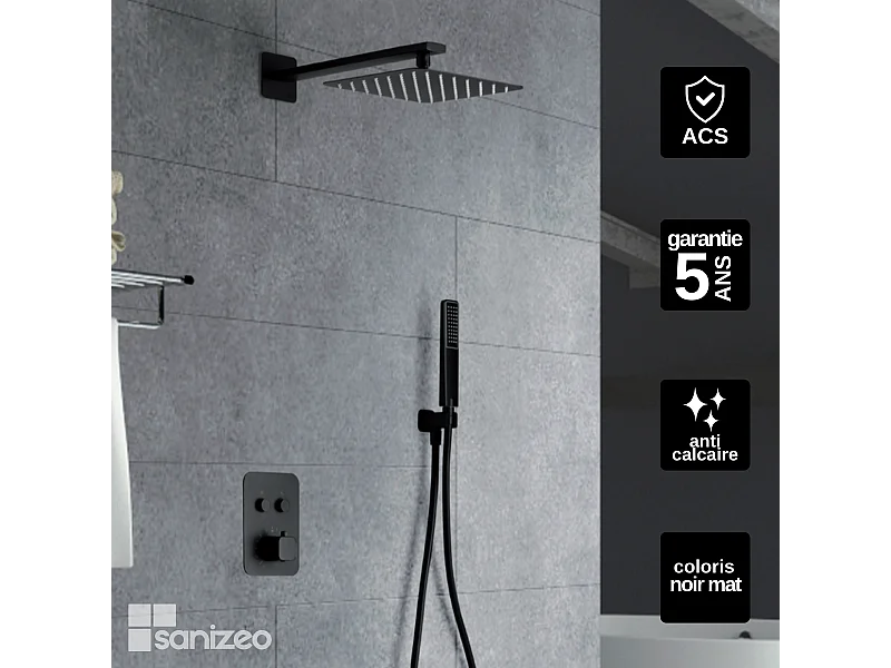 Colonne de Douche Encastrée avec Mitigeur Thermostatique noir mat anti-calcaire - Design Moderne - MADEIRA IMEX