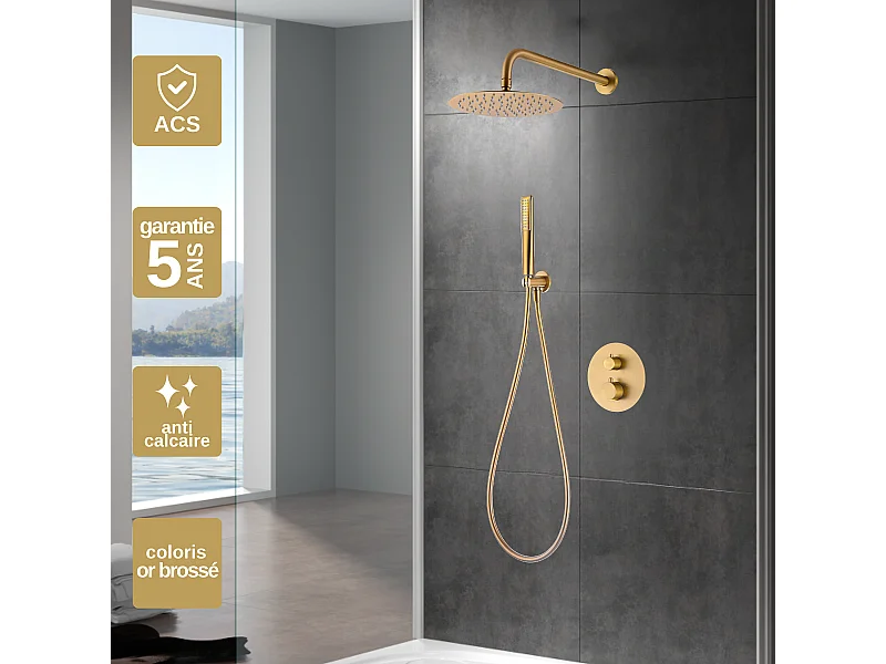 Colonne de Douche Encastrée avec Mitigeur Thermostatique or brossé anti-calcaire - Design Moderne - NAPOLES IMEX