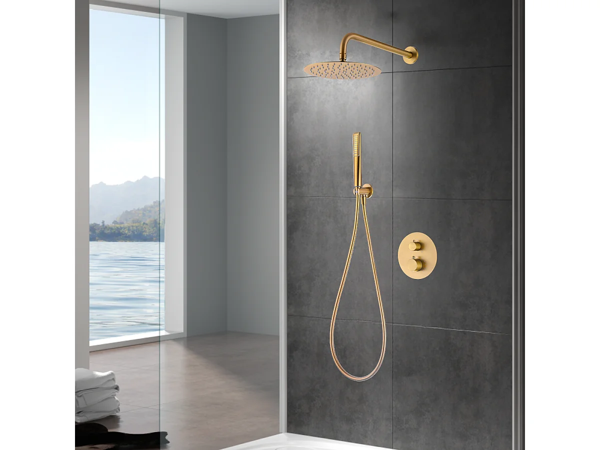 Colonne de Douche Encastrée avec Mitigeur Thermostatique or brossé anti-calcaire - Design Moderne - NAPOLES IMEX