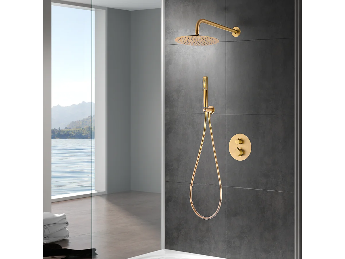 Colonne de Douche Encastrée avec Mitigeur Thermostatique or brossé anti-calcaire - Design Moderne - NAPOLES IMEX