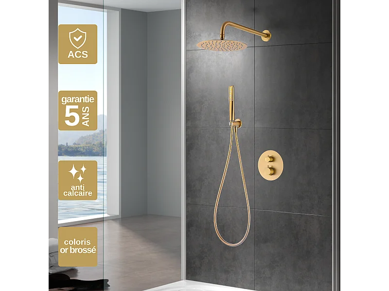 Colonne de Douche Encastrée avec Mitigeur Thermostatique or brossé anti-calcaire - Design Moderne - NAPOLES IMEX