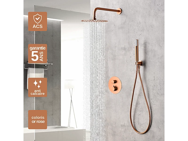 Colonne de Douche Encastrée Thermostatique  Anti-Calcaire Or Rose Cuivré IMEX MONZA GTM039/ORC