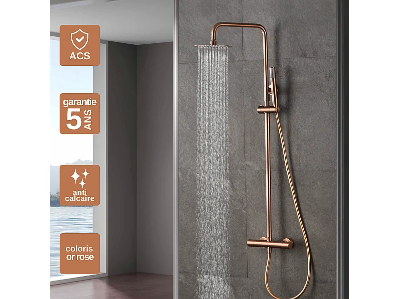 Colonne de Douche avec Mitigeur Thermostatique or rose cuivré anti-calcaire - Design Moderne - MONZA IMEX