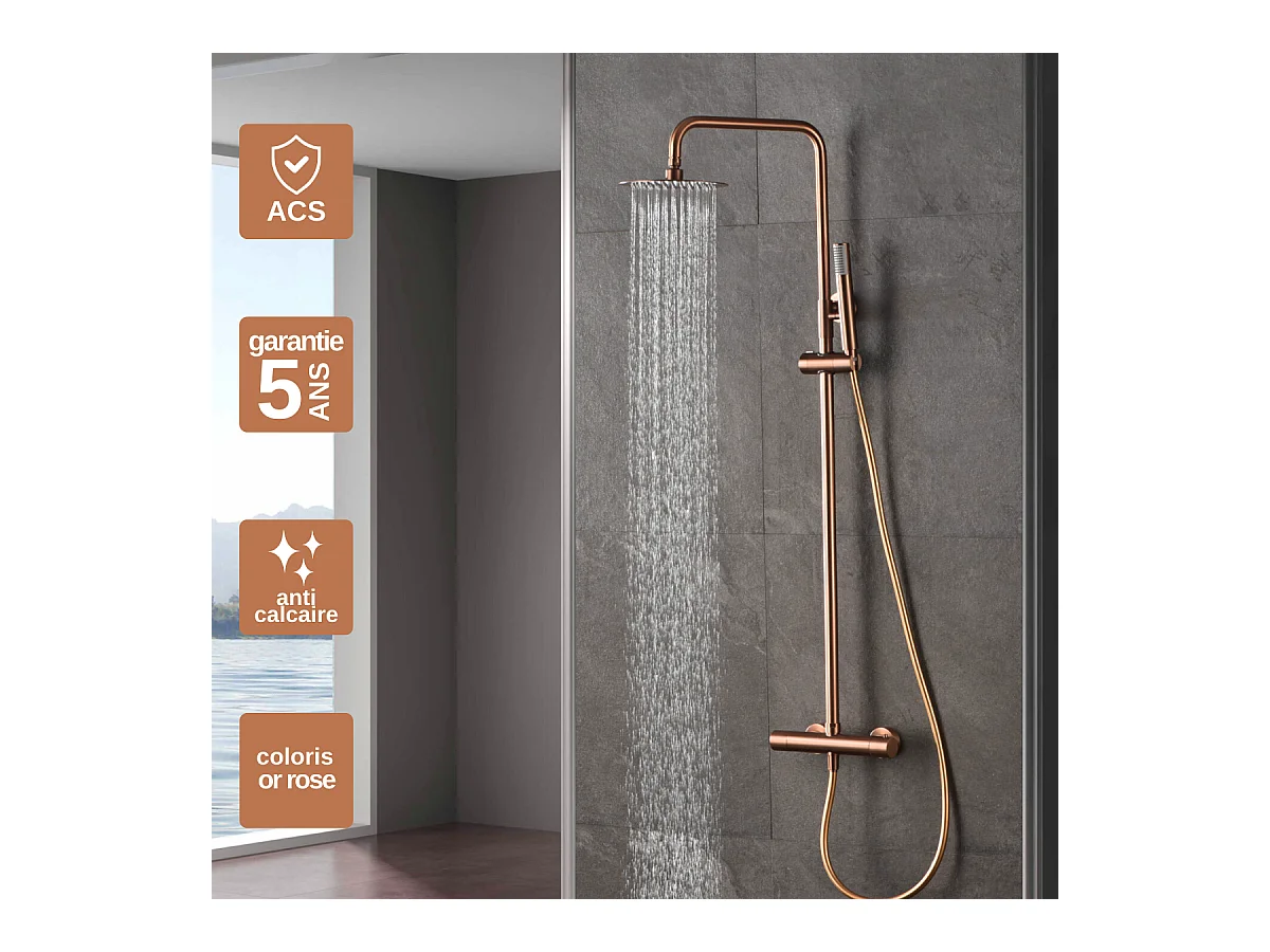 Colonne de Douche avec Mitigeur Thermostatique or rose cuivré anti-calcaire - Design Moderne - MONZA IMEX