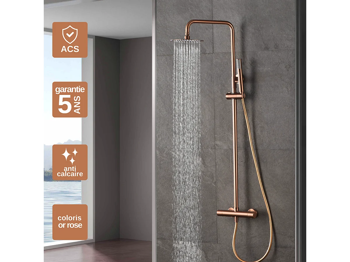 Colonne de Douche avec Mitigeur Thermostatique or rose cuivré anti-calcaire - Design Moderne - MONZA IMEX