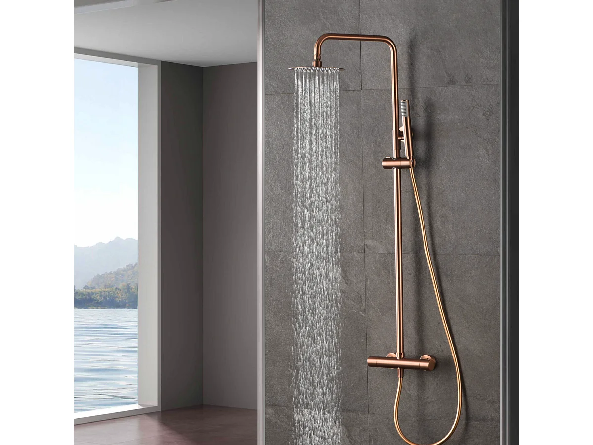 Colonne de Douche avec Mitigeur Thermostatique or rose cuivré anti-calcaire - Design Moderne - MONZA IMEX