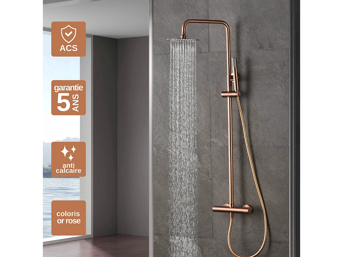 Colonne de Douche avec Mitigeur Thermostatique or rose cuivré anti-calcaire - Design Moderne - MONZA IMEX