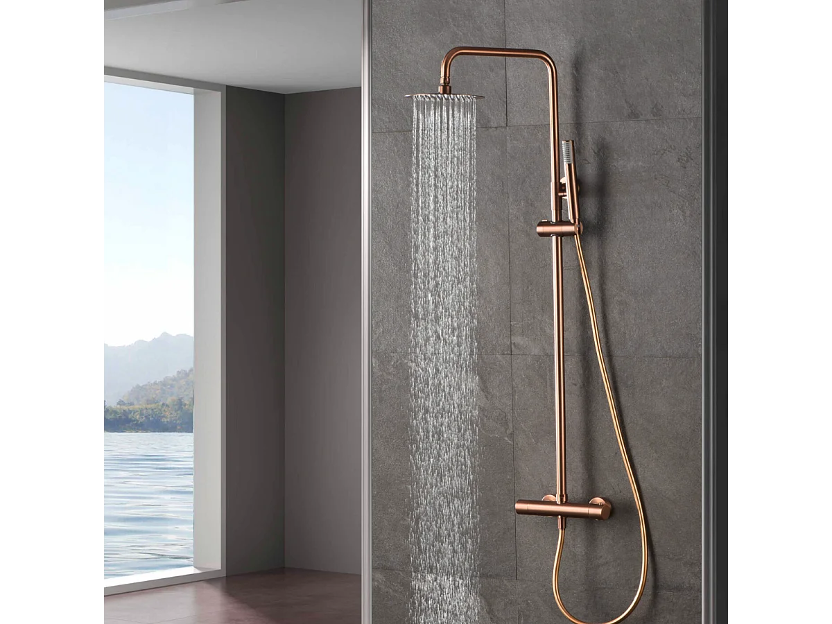 Colonne de Douche avec Mitigeur Thermostatique or rose cuivré anti-calcaire - Design Moderne - MONZA IMEX