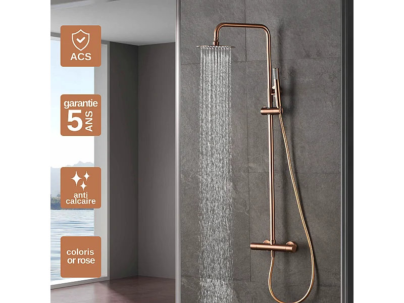 Colonne de Douche avec Mitigeur Thermostatique or rose cuivré anti-calcaire - Design Moderne - MONZA IMEX