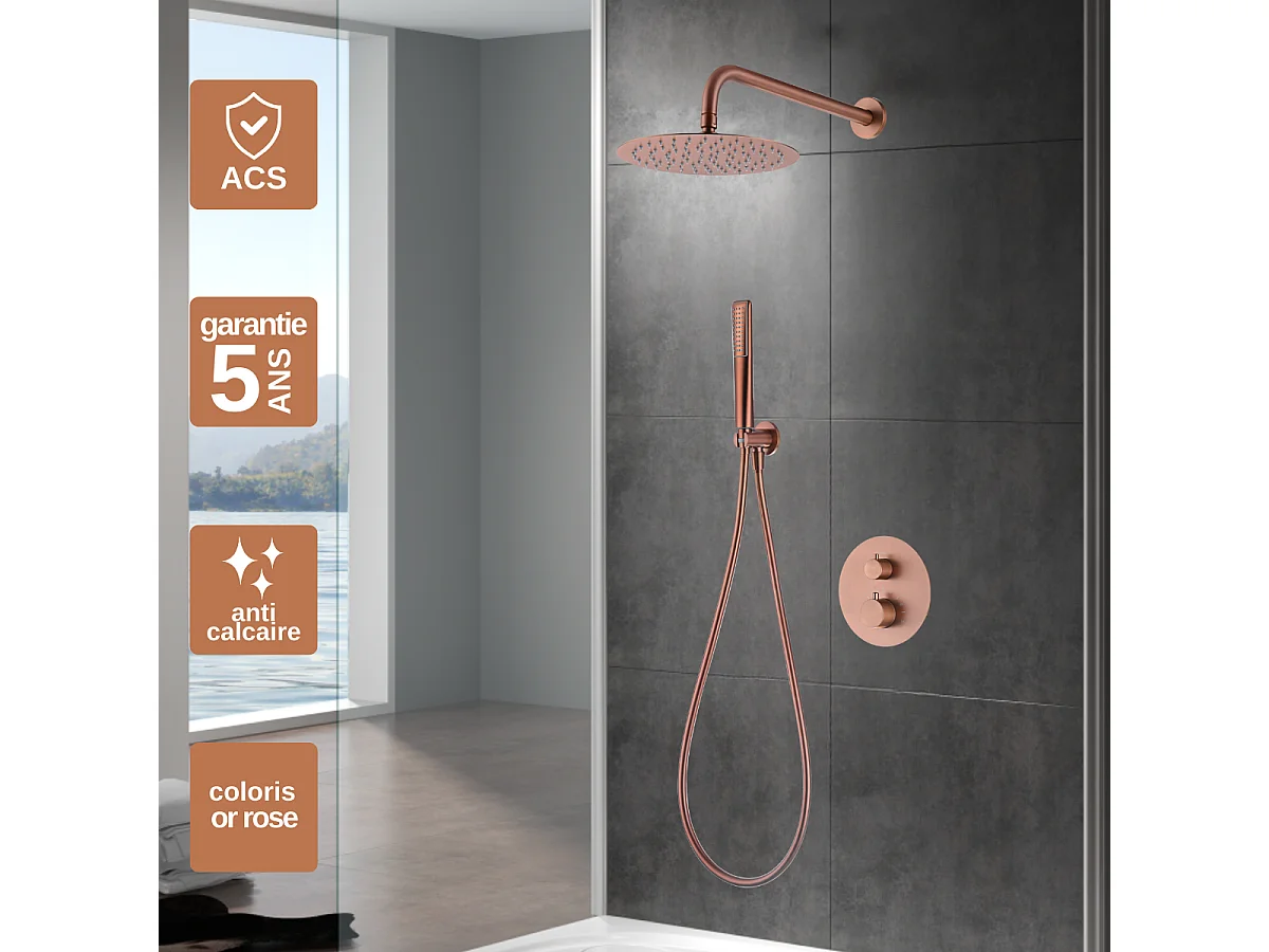 Colonne de Douche Encastrée avec Mitigeur Thermostatique or rose cuivré anti-calcaire - Design Moderne - NAPOLES IMEX