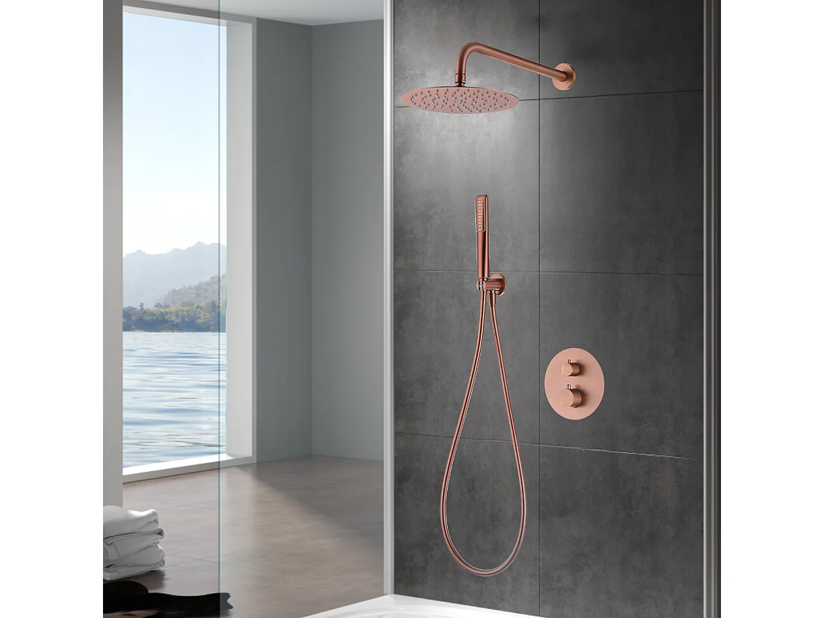 Colonne de Douche Encastrée avec Mitigeur Thermostatique or rose cuivré anti-calcaire - Design Moderne - NAPOLES IMEX