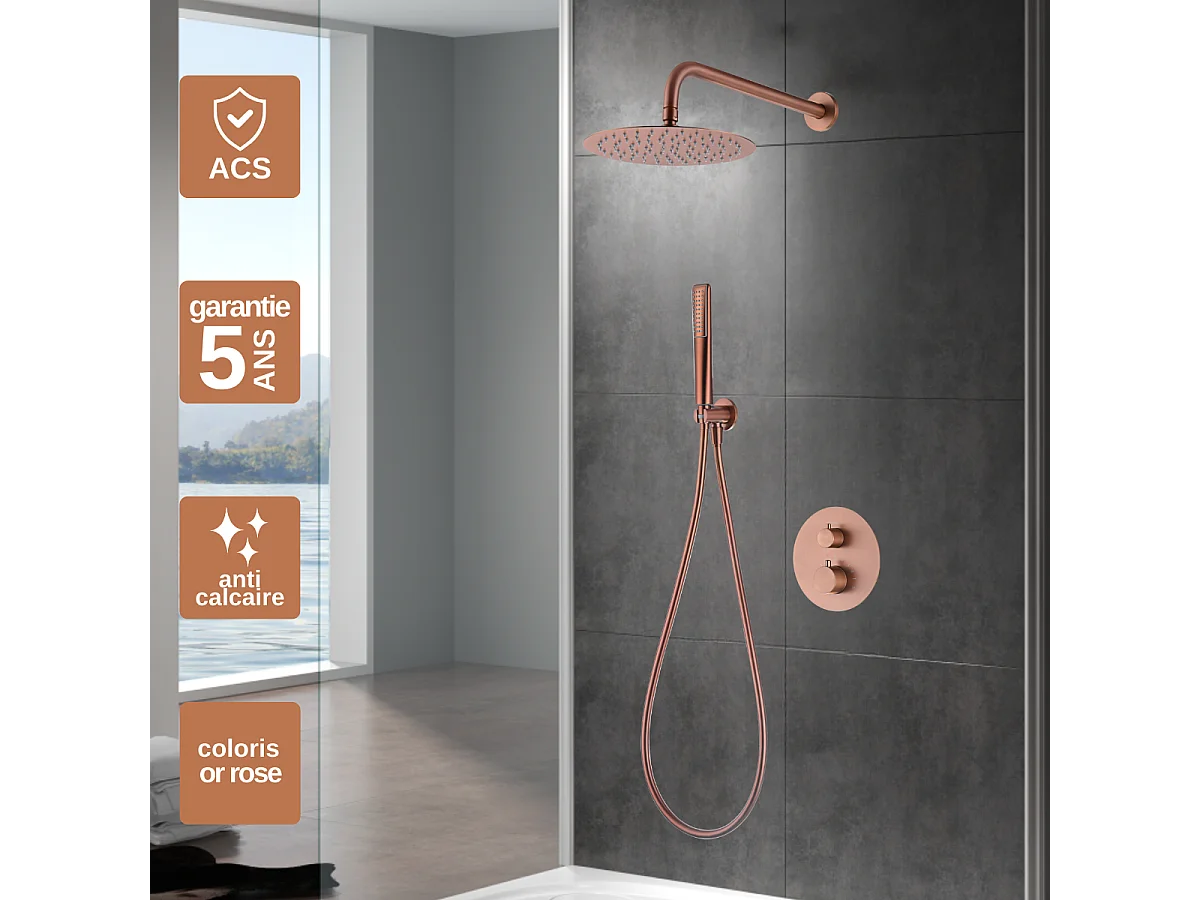 Colonne de Douche Encastrée avec Mitigeur Thermostatique or rose cuivré anti-calcaire - Design Moderne - NAPOLES IMEX