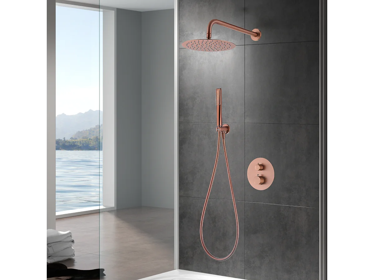 Colonne de Douche Encastrée avec Mitigeur Thermostatique or rose cuivré anti-calcaire - Design Moderne - NAPOLES IMEX