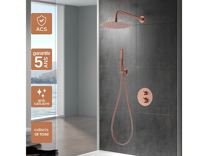 Colonne de Douche Encastrée avec Mitigeur Thermostatique or rose cuivré anti-calcaire - Design Moderne - NAPOLES IMEX