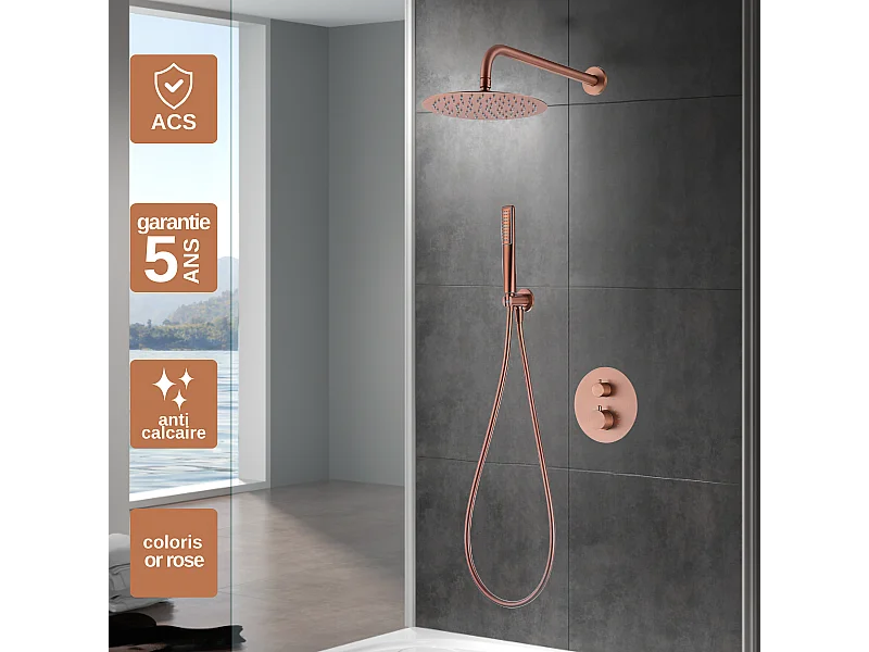 Colonne de Douche Encastrée avec Mitigeur Thermostatique or rose cuivré anti-calcaire - Design Moderne - NAPOLES IMEX