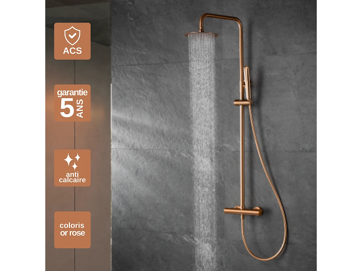 Colonne de Douche avec Mitigeur Thermostatique or rose cuivré anti-calcaire - Design Moderne - NAPOLES IMEX