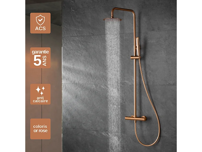 Colonne de Douche avec Mitigeur Thermostatique or rose cuivré anti-calcaire - Design Moderne - NAPOLES IMEX