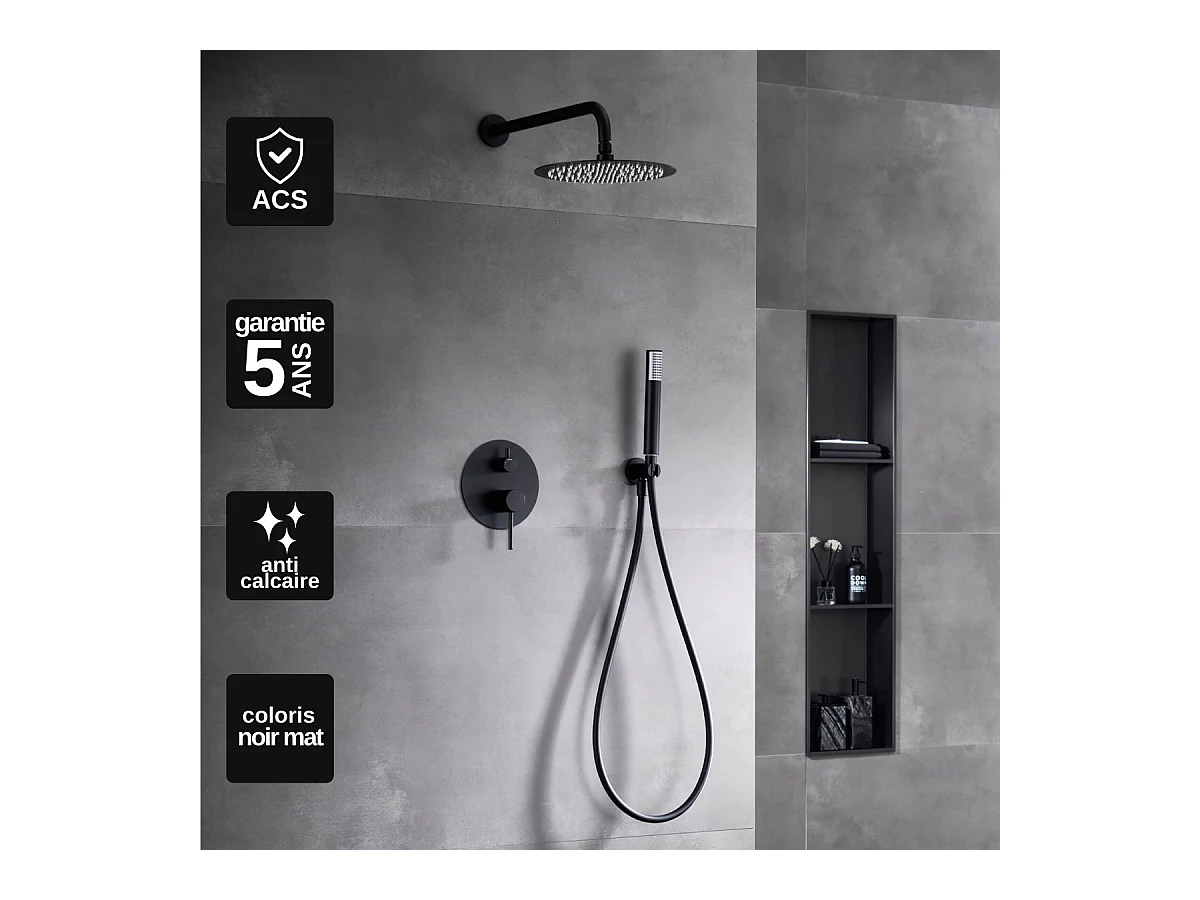 Colonne de Douche Encastrée Anti-Calcaire Noir Mat IMEX MONZA GPM039/NG
