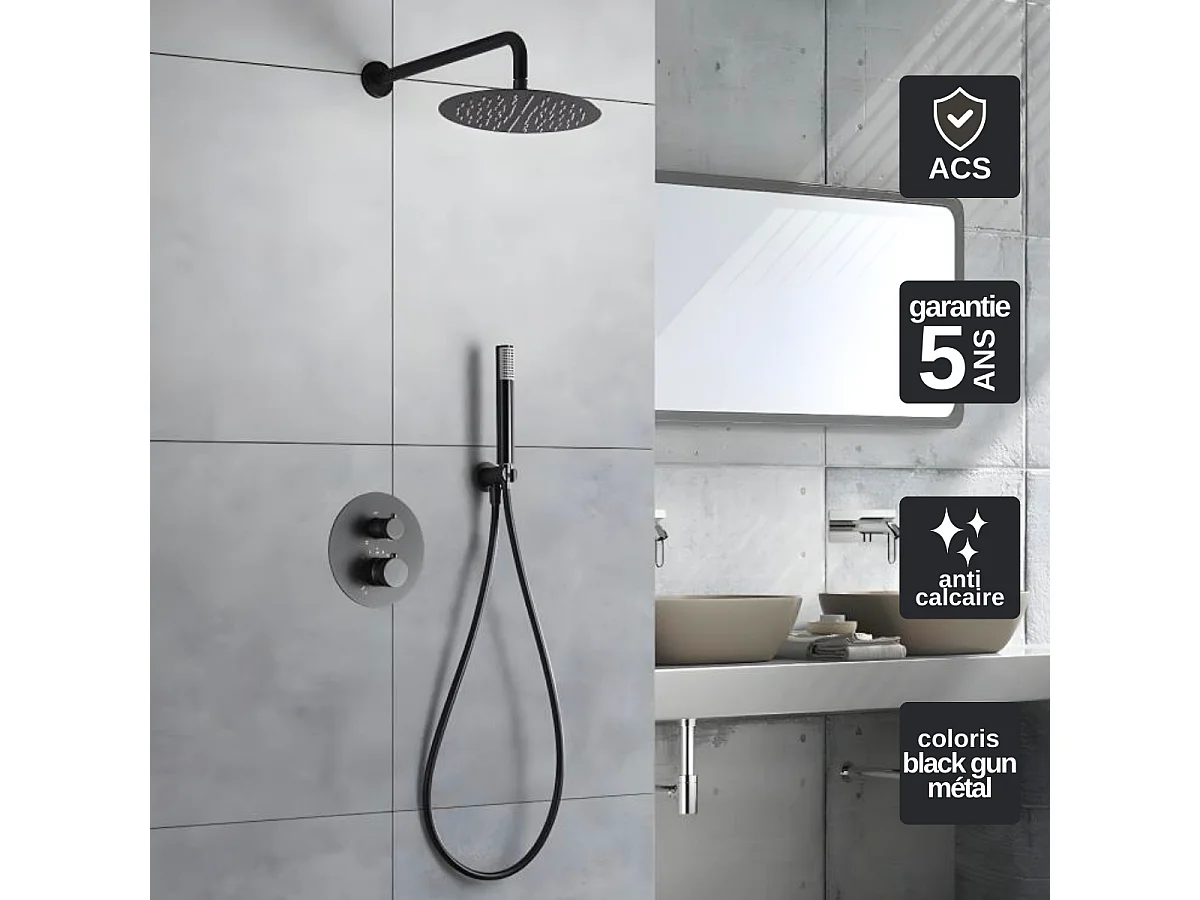Colonne de Douche Encastrée avec Mitigeur Thermostatique noir métal  anti-calcaire - Design Moderne - LINE IMEX