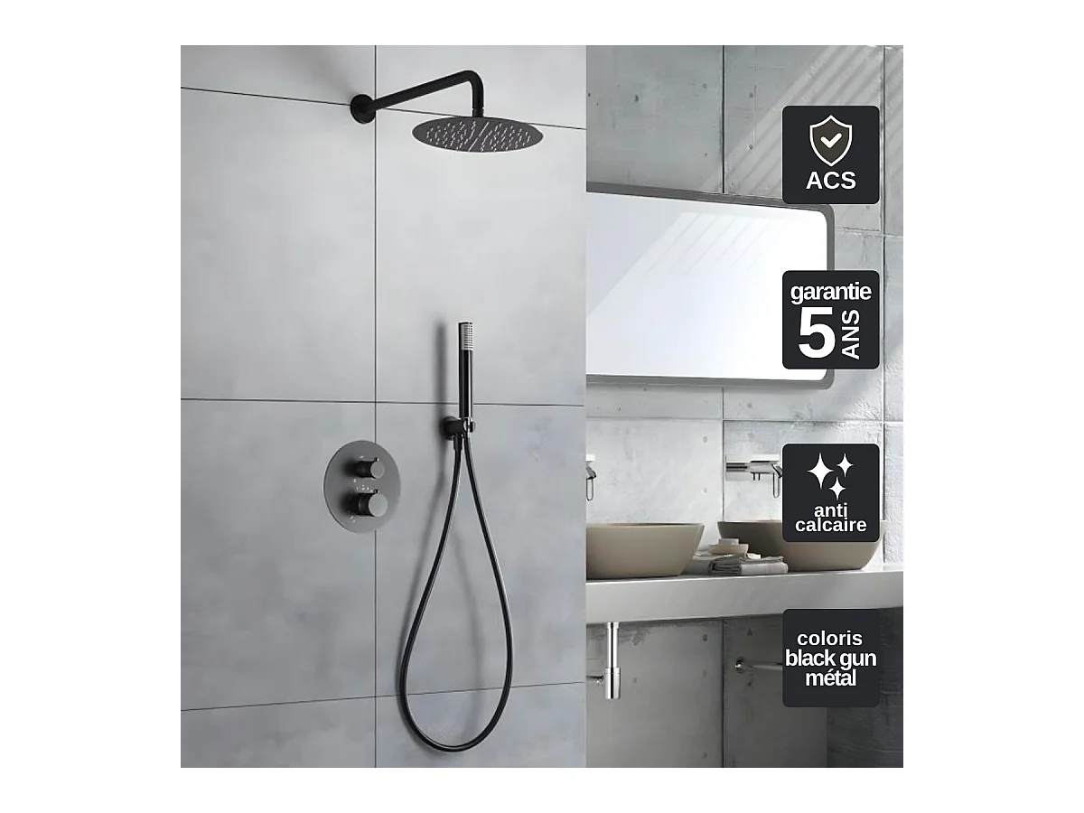 Colonne de Douche Encastrée Thermostatique Anti-Calcaire Black Gun Métal IMEX MONZA GTD038/BGM